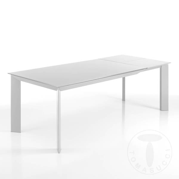 Tavolo da cucina moderno allungabile in metallo e piano in vetro