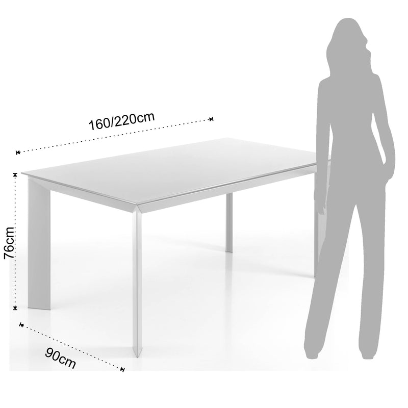 Tavolo da cucina moderno allungabile in metallo e piano in vetro