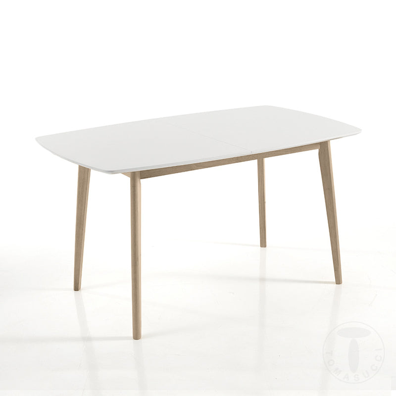 Tavolo moderno allungabile gambe in legno massello rovere piano bianco cm 120/150x75x75h