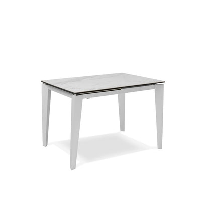 Tavolo moderno allungabile con piano in vetro e ceramica effetto marmo cm 120/170x80x76h