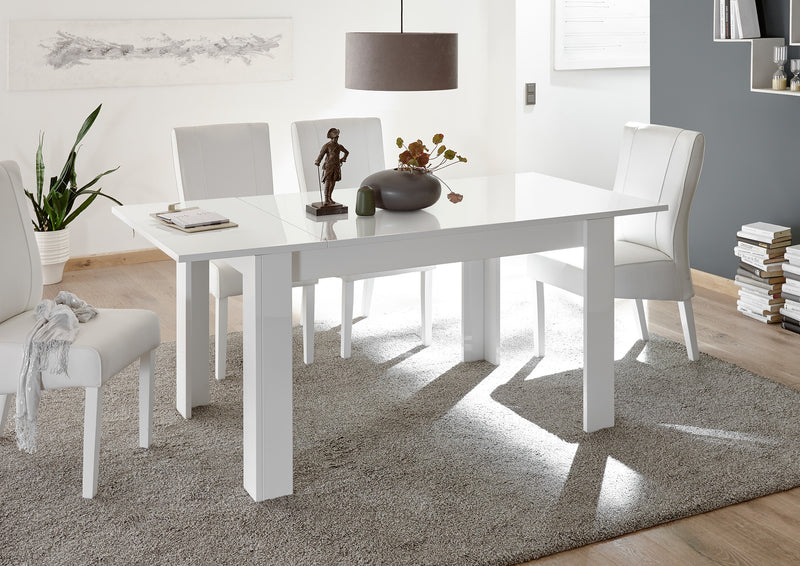 Zacinto - Sala completa design moderno con tavolo credenza alta e madia bianco lucido