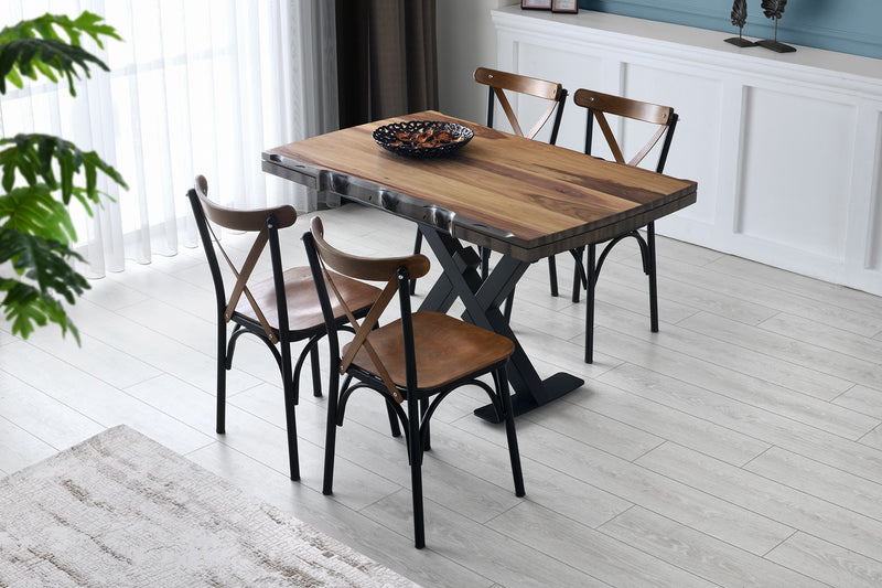 Tavolo da pranzo stile industrial in legno e metallo allungabile lateralmente, colori: noce opaco e nero opaco 