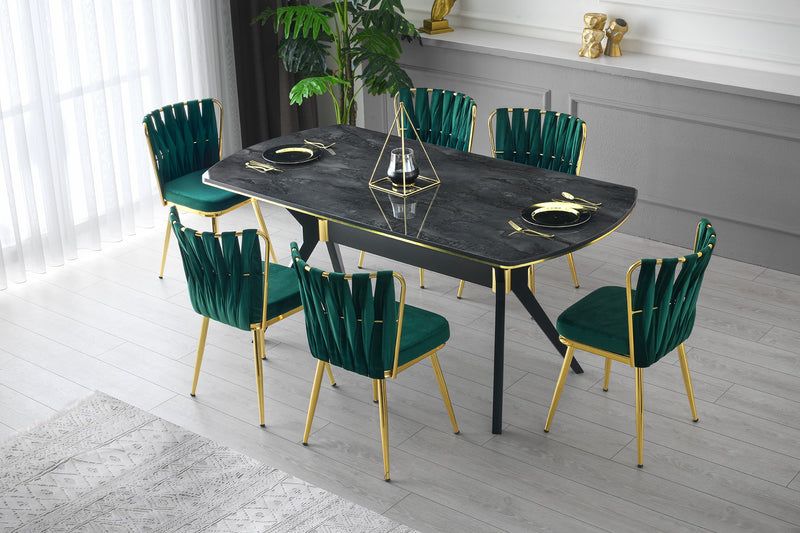 Tavolo da pranzo moderno fisso con gambe in plastica, ripiano effetto stone washed nero lucido e dettagli in oro. Dimensioni 180x77x90h