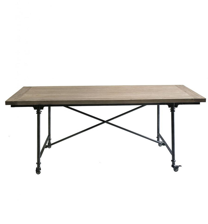 Tavolo industrial piano in legno di olmo base in ferro con ruote cm 200x100x78h