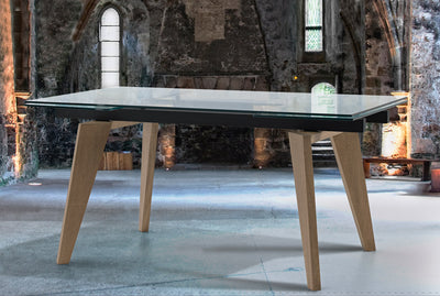Merico - Tavolo design allungabile gambe in legno piano in vetro o ceramica cm 160/250x90 - vari colori