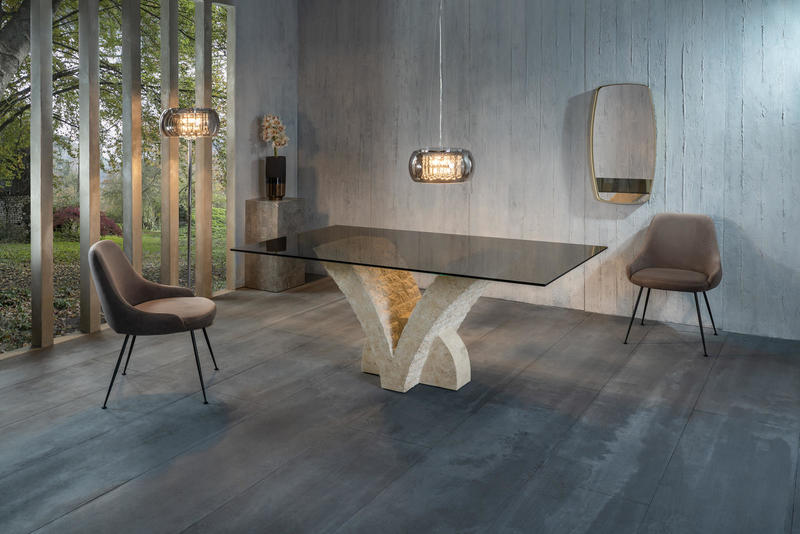 tavolo da salotto pietra fossile piano in vetro trasparente bronzo