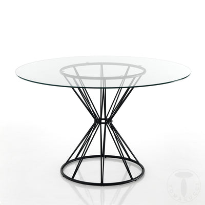Tavolo fisso tondo design piano in vetro trasparente base in metallo nero cm Ø 120x75h