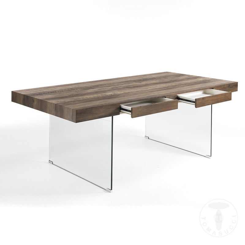 Tavolo fisso da salotto base in vetro piano in legno noce anticato cm 200x100x76h