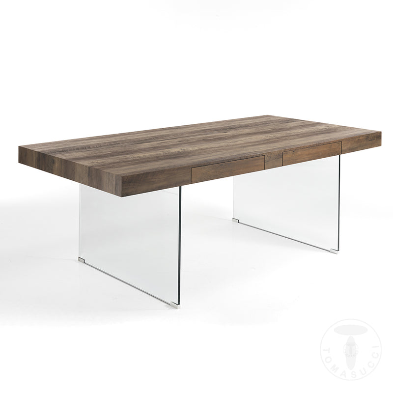 Tavolo fisso da salotto base in vetro piano in legno noce anticato cm 200x100x76h