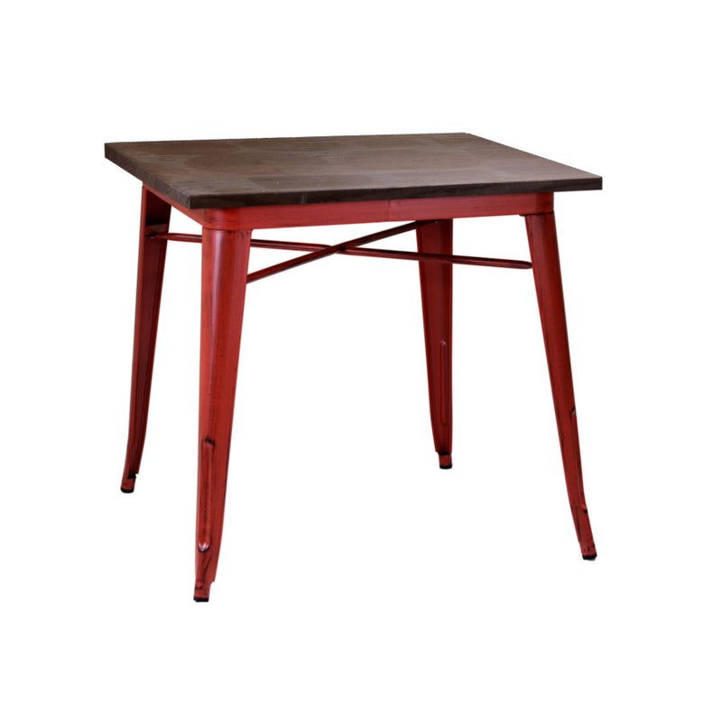 Tavolo stile industriale in ferro e legno colore rosso cm 70x70x76h