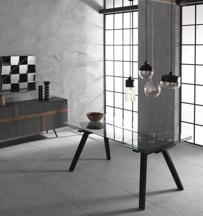 Tavolo allungabile design con piano in vetro trasparente cm 180/260x90x76h