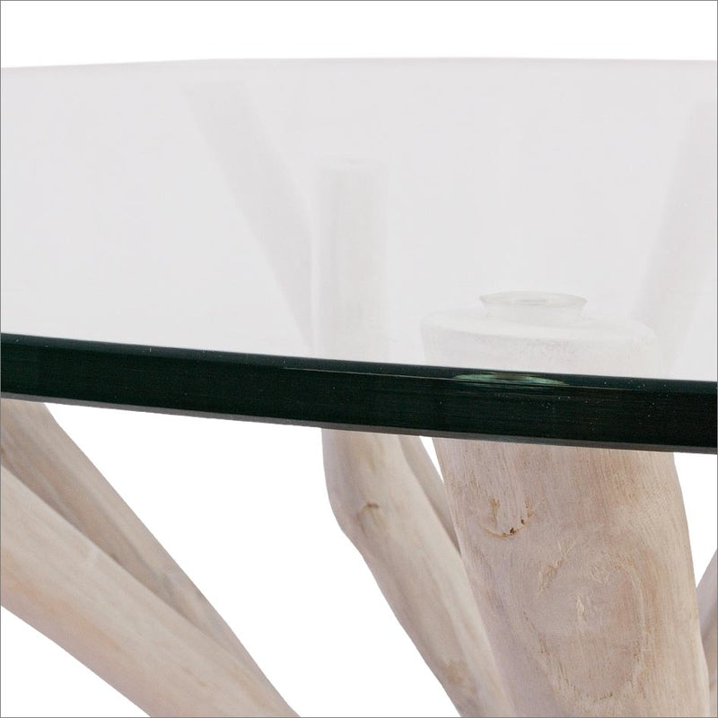 Tavolo tondo base in legno di teak sbiancato e piano in vetro cm Ø 110x76h
