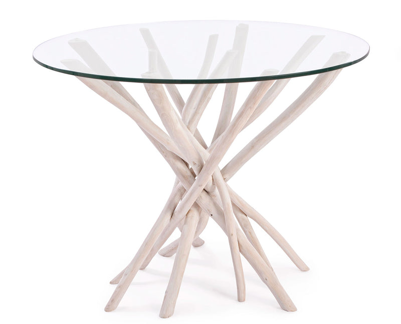 Tavolo tondo base in legno di teak sbiancato e piano in vetro cm Ø 110x76h
