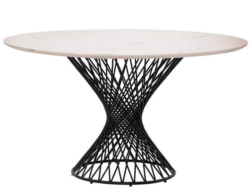 Tavolo tondo moderno fisso con piano effetto marmo e gamba centrale in metallo cm 137x76h