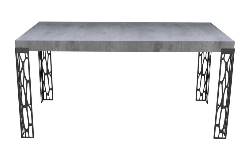 tavolo design fisso gambe in metallo traforate piano in legno cemento