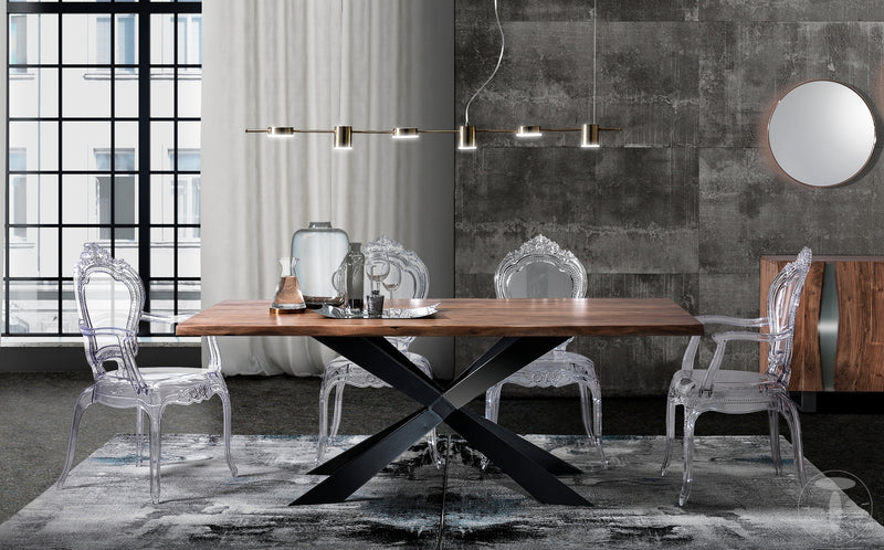Tavolo da salotto fisso moderno con base in acciaio e piano in legno massello di acacia cm 195x100x75h