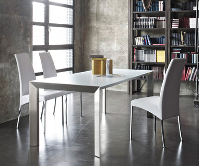 tavolo allungabile da pranzo Genio base M311 alluminio satinato piano C180S cristallo velvet antigraffio bianco opaco