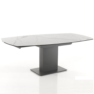 tavolo moderno allungabile base in acciaio piano in vetro e ceramica effetto marmo colore bianco