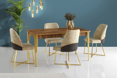 Tavolo moderno in legno allungabile con gambe in metallo dal design a cascata, disponibile in noce chiaro opaco e oro opaco e nero opaco con oro opaco