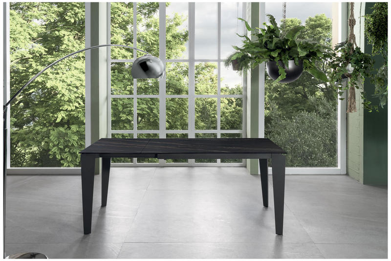 Tavolo allungabile da pranzo piano in ceramica marmo nero gambe antracite cm 120/170x80x76h