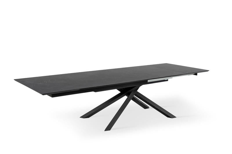 Tavolo da pranzo moderno gambe incrociate piano in legno marmo nero cm 170/270x90x76h