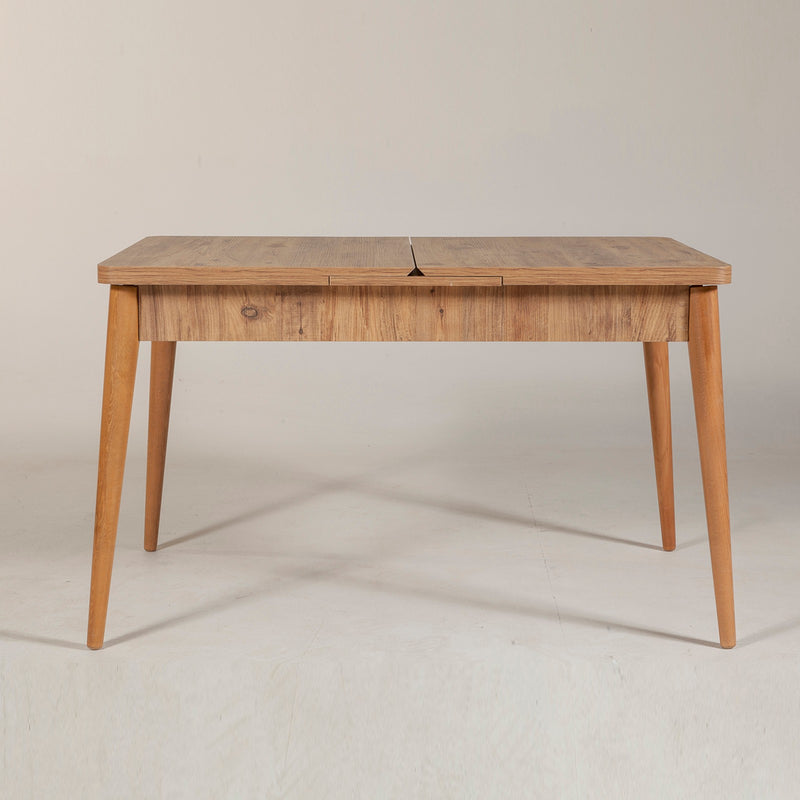 Tavolo da pranzo moderno in legno color pino atlantico opaco allungabile, con scomparto interno nascosto. Design rettangolare, dimensioni cm 129/163x75x80h