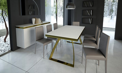 tavolo moderno allungabile gambe oro piano in legno bianco
