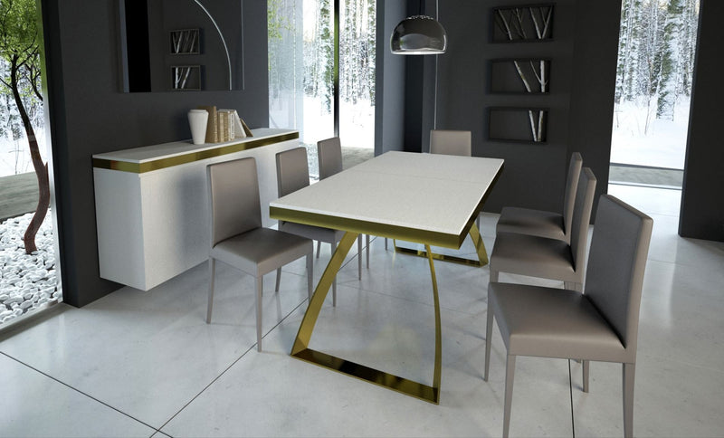 tavolo moderno allungabile gambe oro piano in legno bianco