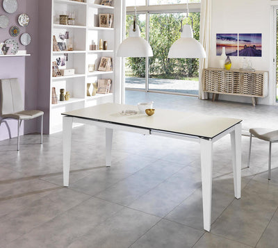 Tavolo da pranzo allungabile piano e allunghe in vetro e ceramica bianco cm 120/170x80x76h