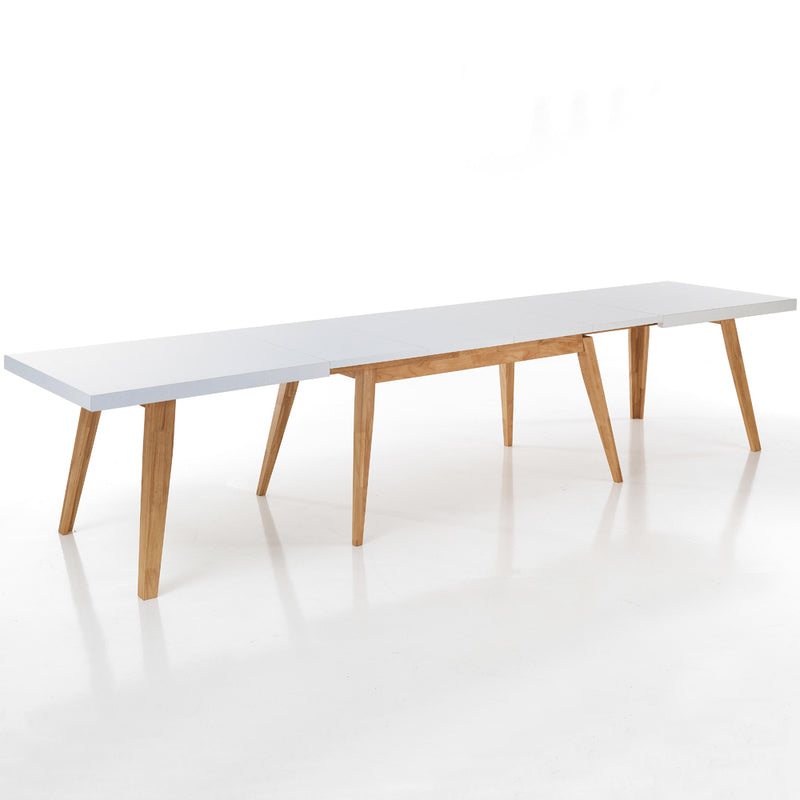 Tavolo da pranzo moderno allungabile in legno massello colore rovere gambe bianche cm 180/360x85x78h