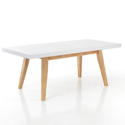 Tavolo da pranzo moderno allungabile in legno massello colore rovere gambe bianche cm 180/360x85x78h