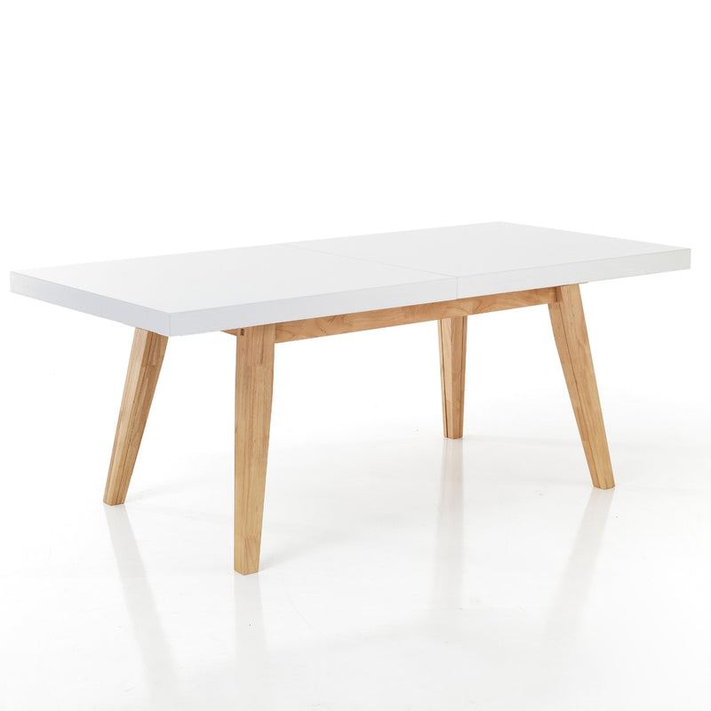 Tavolo da pranzo moderno allungabile in legno massello colore rovere gambe bianche cm 180/360x85x78h