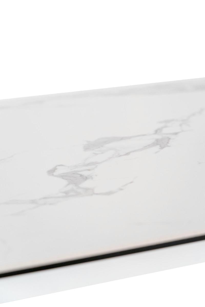 tavolo moderno piano in ceramica e vetro marmo bianco gambe in metallo