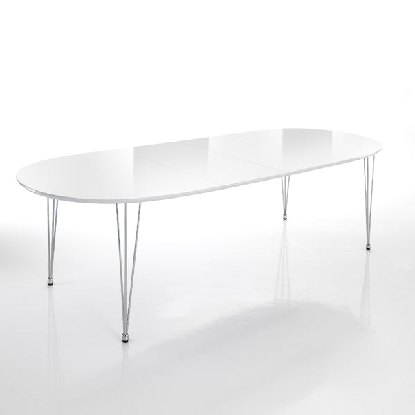 Tavolo ovale allungabile con piano bianco lucido e gambe in acciaio inox cm 170/270