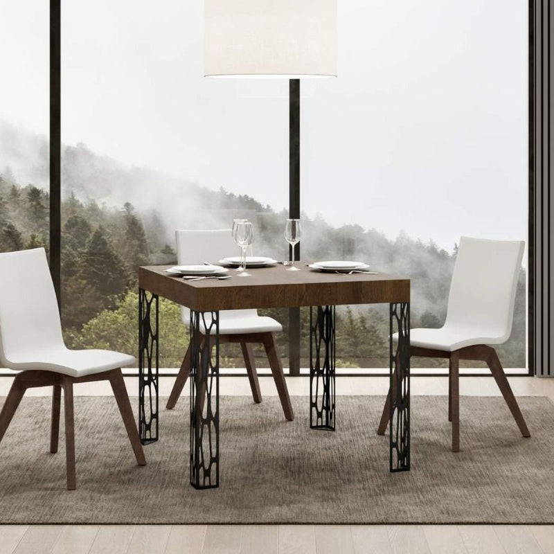 tavolo quadrato allungabile gambe in metallo lavorato piano in legno noce