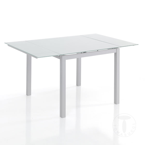 Tavolo quadrato bianco allungabile in metallo e vetro per cucina