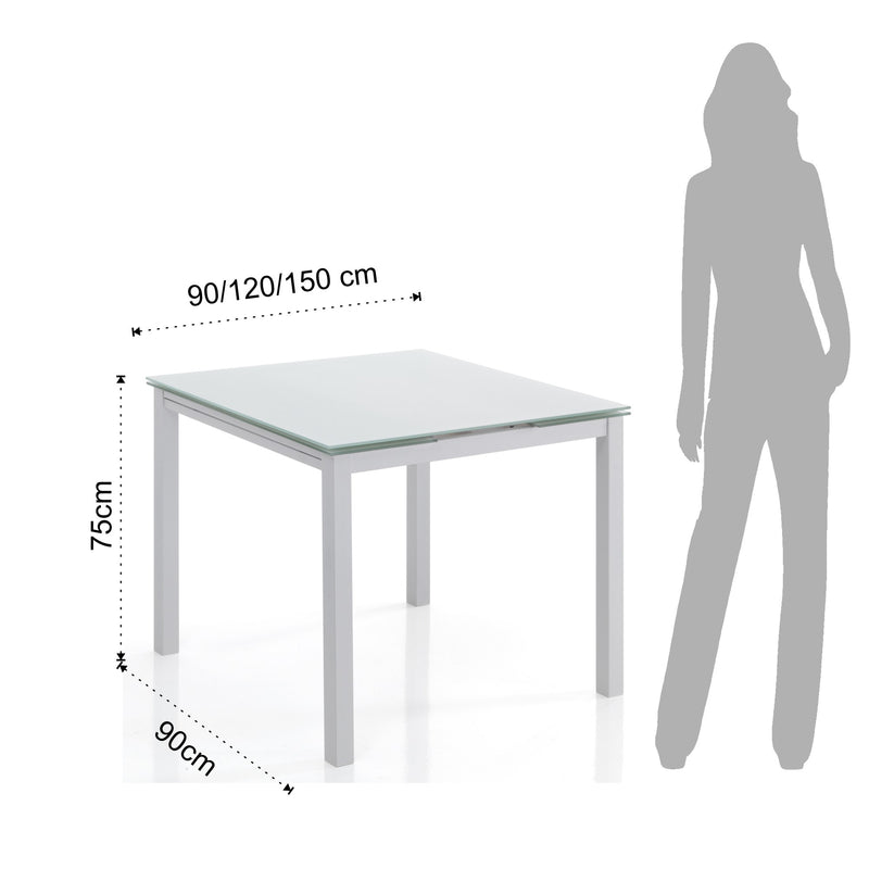 Tavolo quadrato bianco allungabile in metallo e vetro per cucina