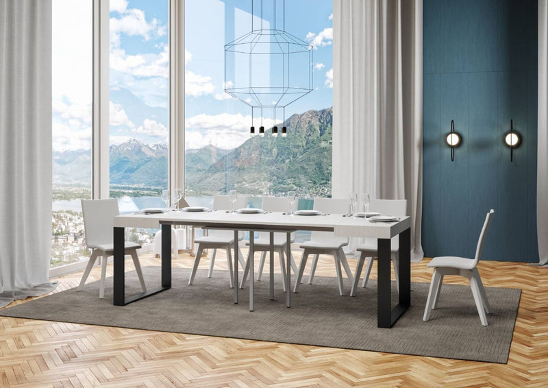 tavolo industrial quadrato allungabile base in metallo piano in legno colore bianco frassino