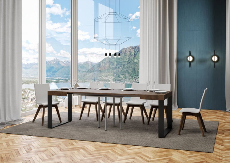 tavolo industrial quadrato allungabile gambe in metallo piano in legno colore noce