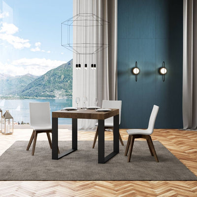 tavolo industrial quadrato allungabile base in metallo piano in legno colore noce