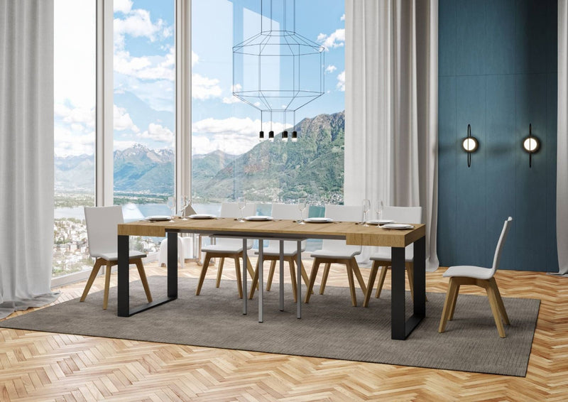 tavolo industrial quadrato allungabile base in metallo piano in legno colore quercia