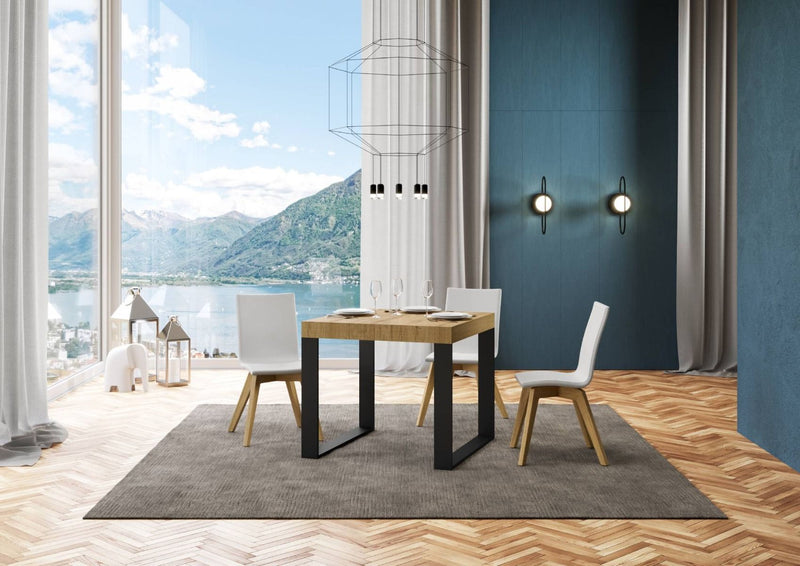 tavolo industrial quadrato allungabile base in metallo piano in legno colore quercia