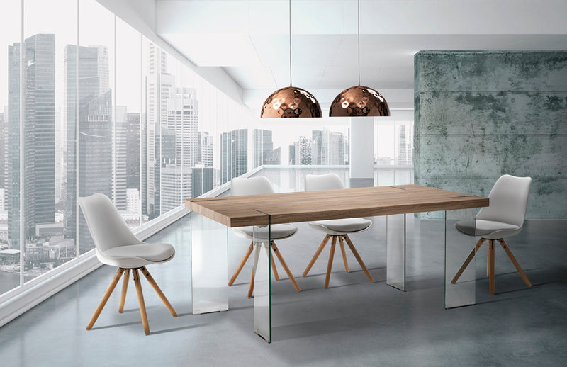 Tavolo design moderno fisso piano in legno naturale gambe in vetro - vari colori