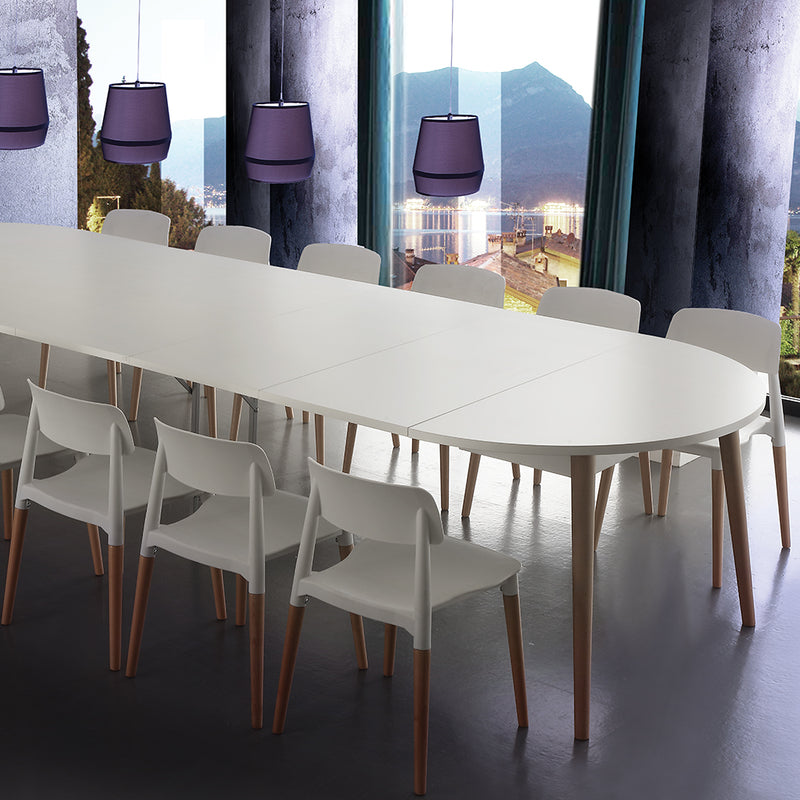 Gotland - Tavolo tondo allungabile con piano bianco e gambe faggio cm Ø 120/370x77h