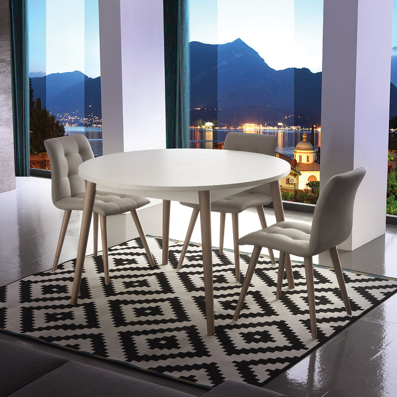 Gotland - Tavolo tondo allungabile con piano bianco e gambe faggio cm Ø 120/370x77h