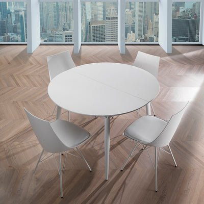 Tavolo ovale moderno allungabile bianco con piano in legno e gambe in metallo cm 120/160