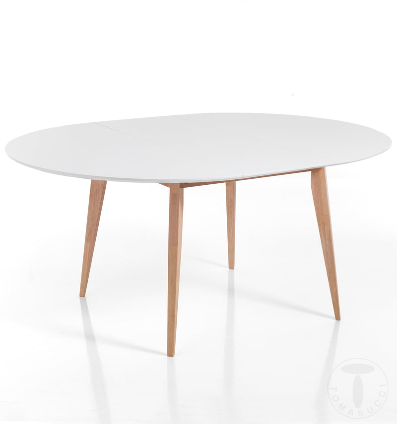 Tavolo moderno tondo allungabile in legno massello rovere piano bianco cm Ø 120/160x77h