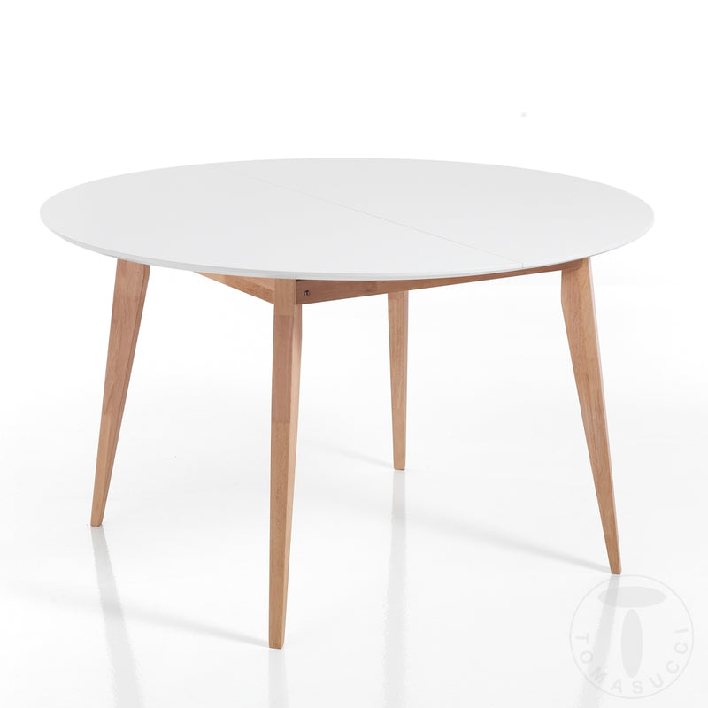 Tavolo moderno tondo allungabile in legno massello rovere piano bianco cm Ø 120/160x77h
