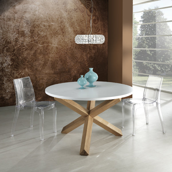 Tavolo tondo design in legno con piano bianco e gambe incrociate cm 120x75h