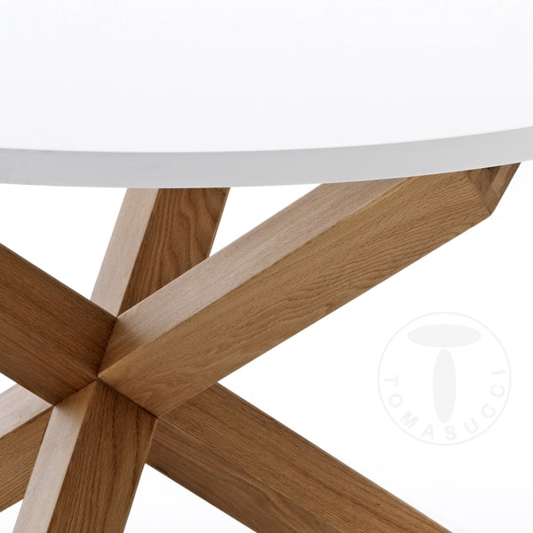 Tavolo tondo design in legno con piano bianco e gambe incrociate cm 120x75h